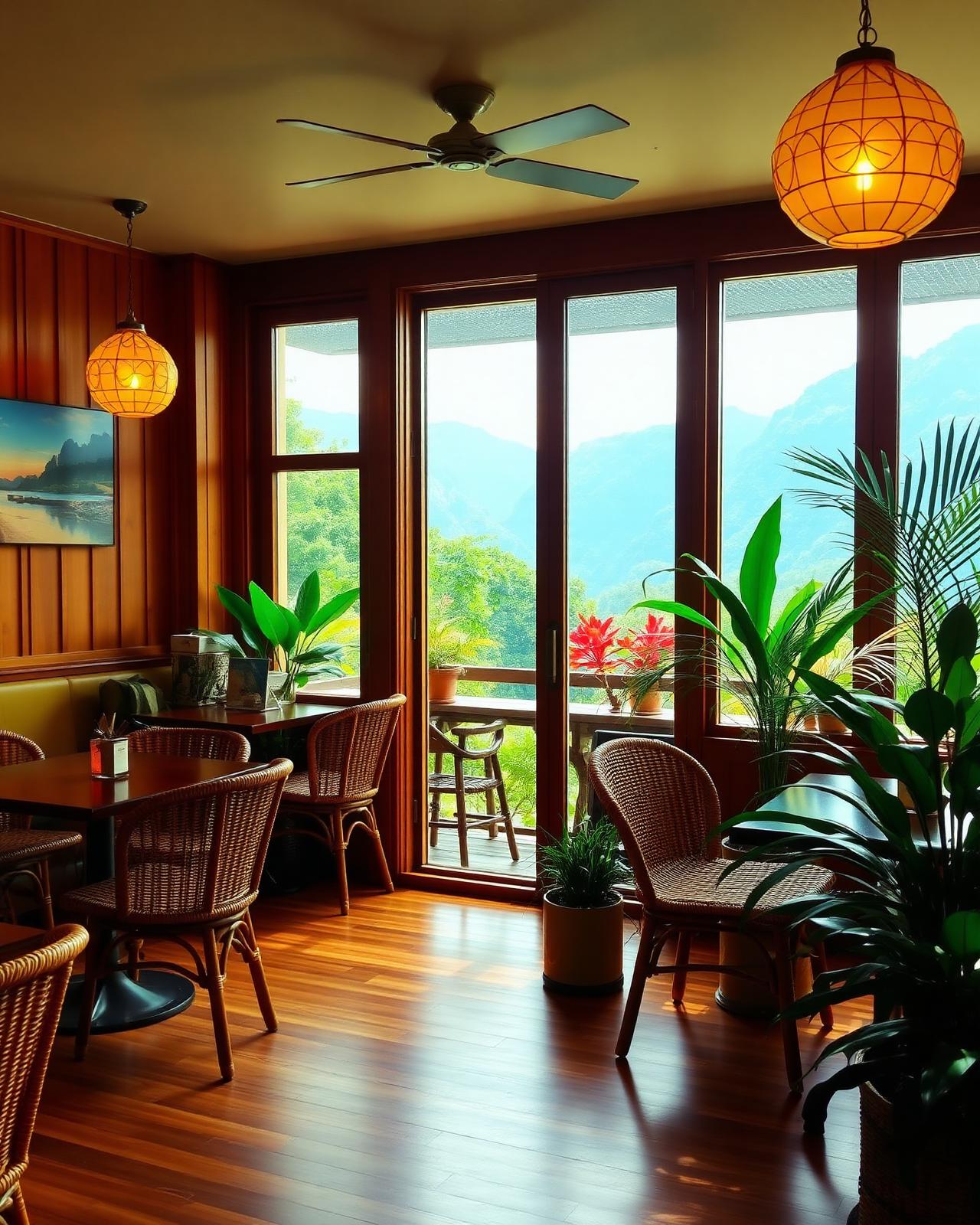 Warm wooden interior of Café Katerina with mountain views through the windows